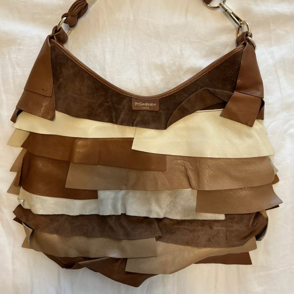 Auth Yves Saint Laurent leather tan, camel, brown, ivory leather and suede hobo